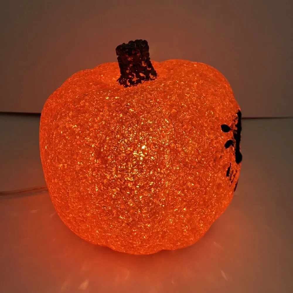 Vintage Halloween Melted Plastic Jack O  Lantern Lighted Sparkling 6” X 7”